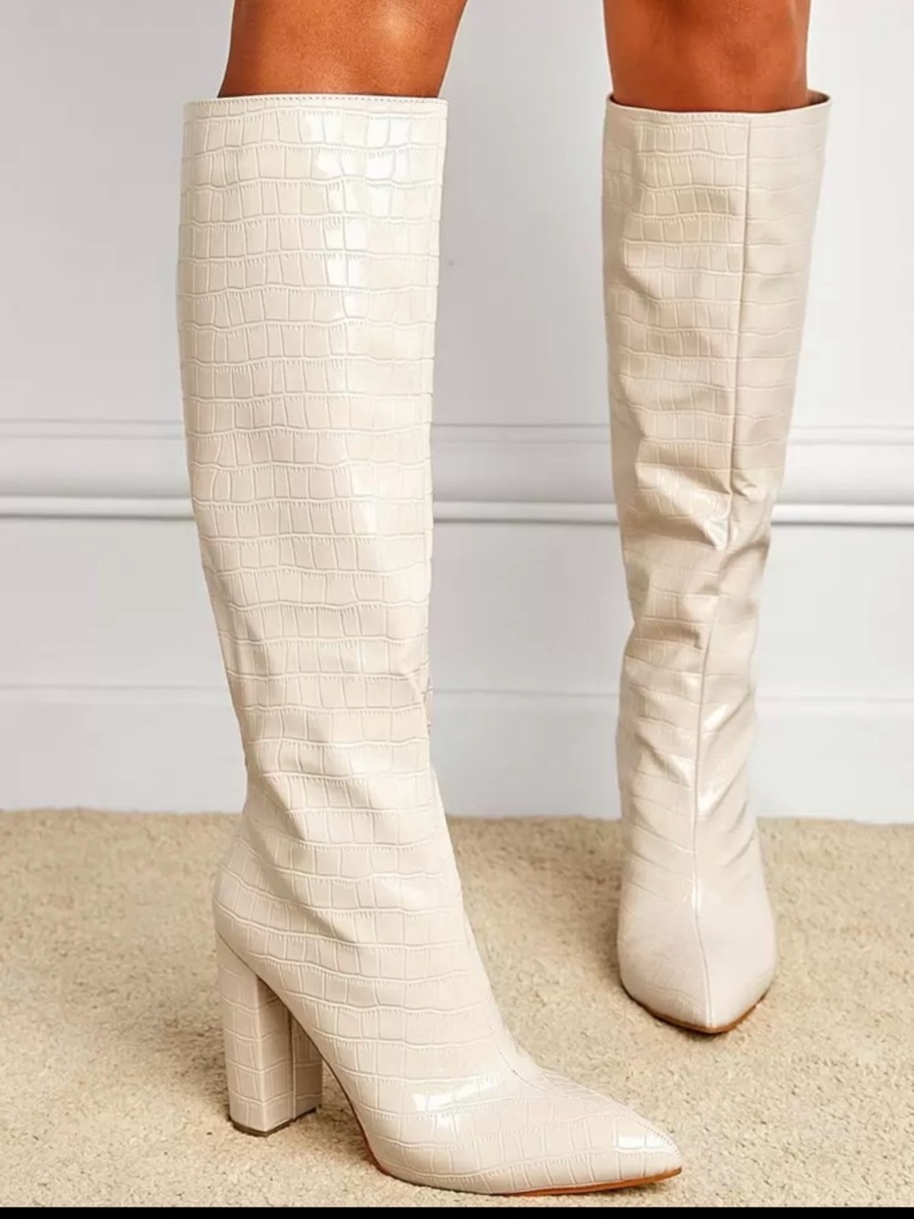 Women's Cream Croc-Embossed Knee-High Boots